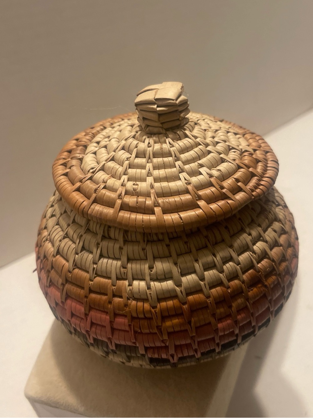 African Zulu iquthu Handwoven Lidded herb Basket in Natural, Tan & Rust Tones